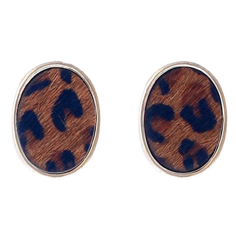 Goldstone trimmed dark leopard oval stud earrings